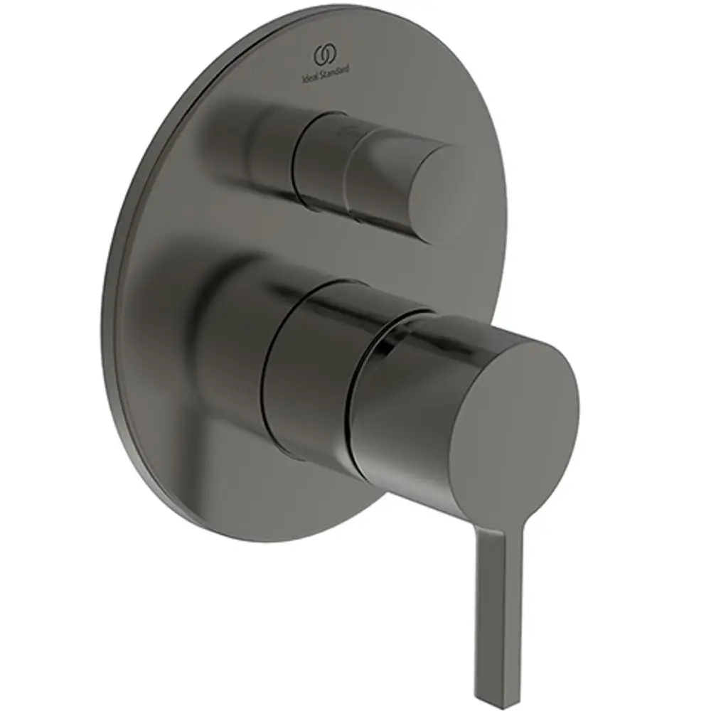Wandmontierte Badarmatur in mattem Grau von Ideal Standard mit zwei Drehgriffen zur Regelung von Wasserfluss und Temperatur.